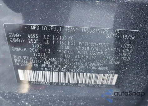 2017 Subaru Outback 2.5I Premium from USA, damaged, VIN 4S4BSADC3H3272304